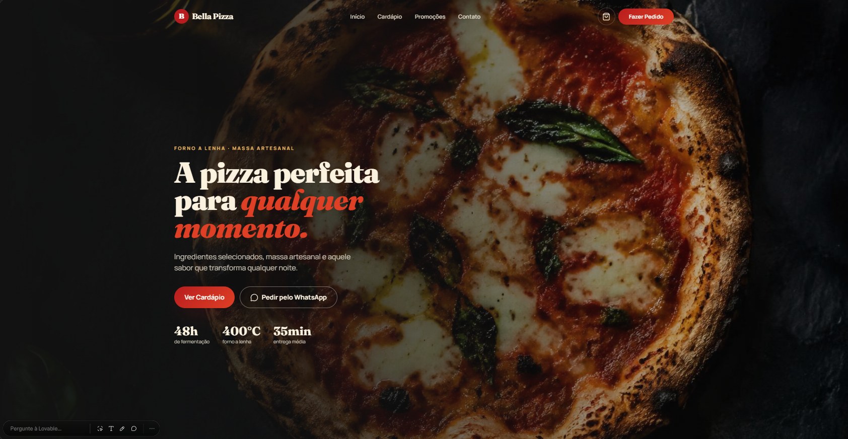 Captura do site Bella Pizza